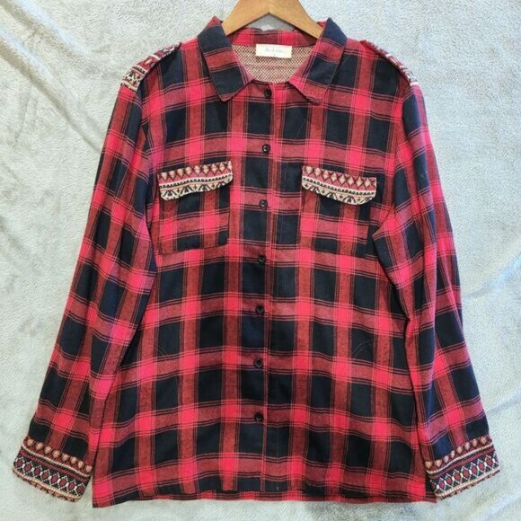 Altar'd State Tops - Altar'd State Womens Red Black Fair Isle Trimmed Button Up Shirt Size M Western